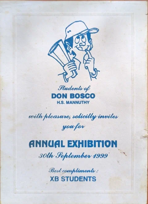 A screenprinted invitation card in blue ink on aged cream paper, for the Don Bosco H.S. Mannuthy Annual Exhibition, 30 September 1999